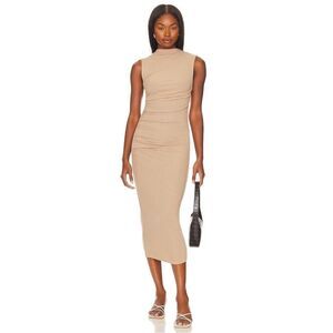 Enza Costa Silk Knit Sleeveless Twist Ribbed Midi Dress Mock Neck Tan Size Large